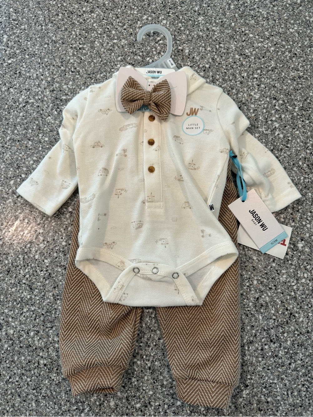 Jason Wu Cream Bodysuit with Brown Herringbone Pants & Bow